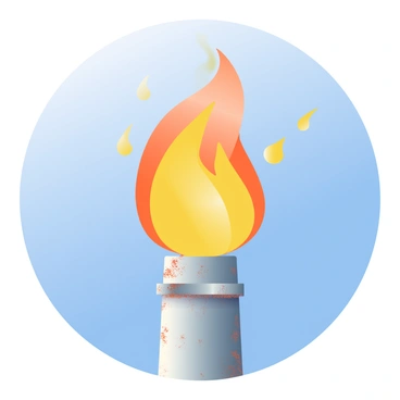 A close-up view of a flare stack with flames burning brightly at the top is prominently displayed. The flare stack is metallic and has a silver finish, showing signs of wear and rust. The flames are vivid orange and yellow, flickering in the wind. The backdrop consists of a clear blue sky, providing a stark contrast to the fiery colors. Wisps of smoke drift away from the flames, blending subtly into the blue above. The overall composition emphasizes the dynamic movement of the fire against the tranquil sky.