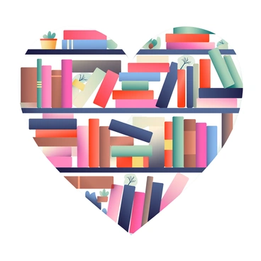 A bookshelf filled with various books is arranged to form the shape of a human heart. The books are in different colors, with some having bright red and pink covers, while others are in shades of brown and black. The spine of each book is visible, creating a textured look that mimics the contours of a heart. There are small decorative elements, such as a few potted plants on the shelves, adding a touch of green. The bookshelf itself is made of dark wood, providing a warm contrast to the colorful books. The heart-shaped arrangement is prominent and takes center stage on the shelf.