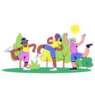 A group of runners stretching in a park setting. One runner is standing on one leg while pulling the opposite foot towards their back. Another runner is bending forward to touch their toes. A third runner is doing arm circles, raising their arms wide. Each runner is wearing colorful athletic gear, including shorts and tank tops. The background features green grass and a few trees. The sun is shining, casting a warm light on the scene.