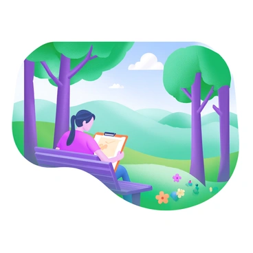 A modern pastel illustration depicting an illustration student sitting on a park bench. The student has a sketchbook open on their lap and is focused on drawing. Surrounding the student are several tall trees with green leaves, creating a natural canopy. In the background, a scenic view of rolling hills can be seen, with a few clouds scattered across a bright blue sky. There are patches of colorful flowers blooming nearby, adding a touch of vibrancy to the scene.