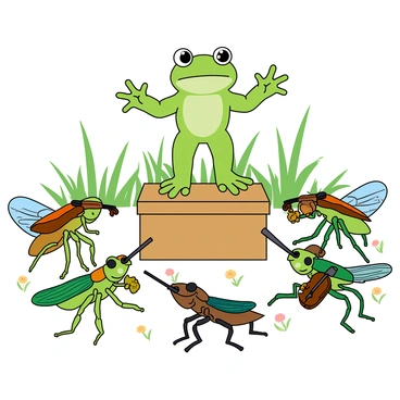 A green frog with big, round eyes is standing on a small wooden podium, raising its arms as if conducting. The frog has a slightly open mouth, suggesting it is making sounds. Around it, a variety of crickets, grasshoppers, and beetles are gathered, each positioned as if playing tiny instruments. Some crickets hold miniature violins, while others are using small drums. The insects have vibrant colors, with shiny exoskeletons and delicate wings. The scene is set in a natural environment, with blades of grass and a few flowers surrounding the orchestra.