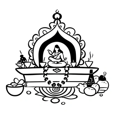 A traditional puja ceremony honoring "Goddess Lakshmi" is set in a richly adorned space. A large, elaborately designed altar is at the center, featuring an idol of "Goddess Lakshmi" surrounded by vibrant offerings. There are several small, lit "diyas" placed around the altar, their flames flickering gently. Incense sticks are arranged in a decorative holder, with wisps of smoke curling upward. Colorful flower garlands are draped on the altar, and a few intricate patterns are drawn on the ground with "rangoli" made from rice flour and colored powders. Traditional puja items such as fruits, sweet treats, and a bell complete the setting.