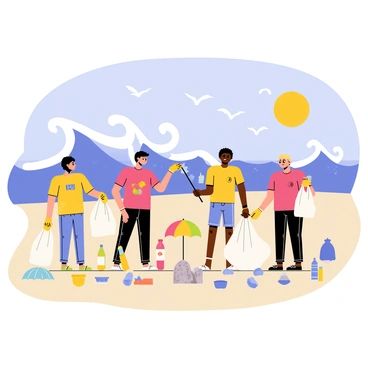 A group of five volunteers is collecting plastic waste on a sandy beach. The volunteers are wearing colorful t-shirts and gloves while holding large trash bags filled with plastic items. They are actively picking up pieces of plastic and discarded bottles. The sun is shining brightly in the clear blue sky, casting warm light over the scene. In the background, vibrant blue waves are crashing onto the shore, creating white foam as they break. A few seagulls are flying overhead, and there are small beach umbrellas and towels scattered in the sand.