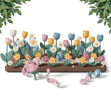 A vibrant garden filled with colorful flowers in various blooms, where barbells are emerging from the flowerbeds. The flowerbeds are arranged in neat rows, featuring tulips, daisies, and roses, with the barbells positioned among the flowers, appearing as if they are part of the garden's landscape. Sunlight shines down, casting gentle shadows of the flowers and barbells across the soil. In the background, lush green foliage frames the scene, creating a lively and playful atmosphere.