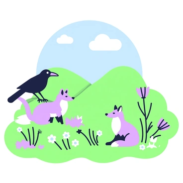 A picturesque meadow filled with lush green grass and wildflowers. In the foreground, a crow is perched on a low branch of a nearby tree, looking down. The crow has a sleek black body and a slightly curved beak. Below it, a clever fox is sitting on its haunches. The fox has a bushy tail, pointed ears, and a coat that blends with the environment. The meadow is dotted with small hills in the background and a clear blue sky above. A few fluffy clouds float gently, completing the serene scene.