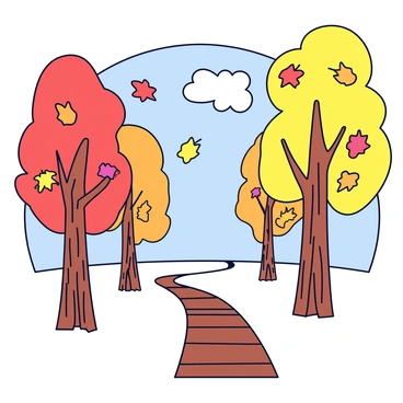 A park scene featuring several tall trees with trunks that have rough bark texture. The leaves are vibrant shades of orange, red, and yellow, gently falling from the branches. Some leaves are caught mid-air, while others rest on the ground, creating a colorful carpet. In the background, there is a clear blue sky, and a few fluffy white clouds can be seen. The park path is made of small brown stones, winding through the scene, inviting a stroll among the beautiful autumn foliage.