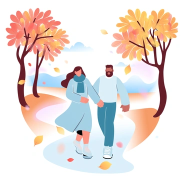 A man and a woman are walking side by side on a winding path that is blanketed with vibrant autumn leaves in shades of orange, yellow, and red. The trees lining the path are tall and have drooping branches, their leaves fluttering down gently. The woman is wearing a long, flowing coat and has a scarf wrapped around her neck. The man is dressed in a warm sweater and jeans, his hands casually tucked into his pockets. A soft breeze is causing more leaves to fall around them, creating a picturesque and tranquil atmosphere. In the background, there are distant hills with a gradient of pastel colors in the sky as it transitions into dusk.