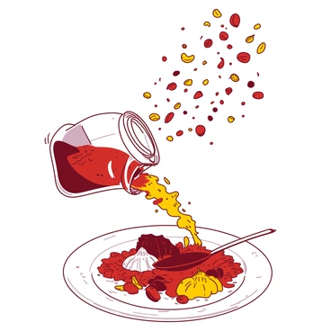 A small glass jar filled with a variety of spices is tipped at an angle, with colorful spices spilling out and cascading towards a white plate below. The spices are airborne, creating a dynamic scene as they swirl and dance in the air. The dish beneath is a vibrant medley of ingredients, showcasing a mix of textures and colors that enhance the visual appeal of the spices being poured. The background is softly blurred, emphasizing the action of the spices in motion.