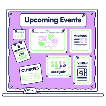 A church bulletin board is mounted on a wall, covered with various community notices and announcements. At the top, there is a large notice titled "Upcoming Events" in bold letters. Below this, several flyers are pinned, each showcasing different events, such as a weekend bake sale, a volunteering opportunity, and a weekly meditation group. Some of the notices are bordered with intricate green designs. Various colored pushpins, in green and purple, hold the papers in place. In one corner, a small calendar is attached, marking significant dates with handwritten notes. There are also handmade posters with drawings depicting a community picnic and a charity run. The board is surrounded by a wooden frame that adds to its traditional appearance.