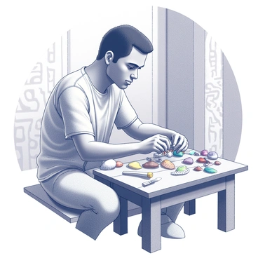 A Taino craftsman working diligently at a small wooden table. He is carefully shaping a piece of jewelry made from intricately arranged shells and colorful stones. The craftsman's hands are focused on stringing the materials together, showcasing a variety of textures and forms. Surrounding the table are various tools for jewelry-making, including a small knife and a collection of polished stones. In the background, there are traditional Taino motifs carved into the wooden walls, adding cultural depth to the scene.