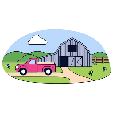 A pickup truck parked beside a rustic barn in a peaceful countryside setting