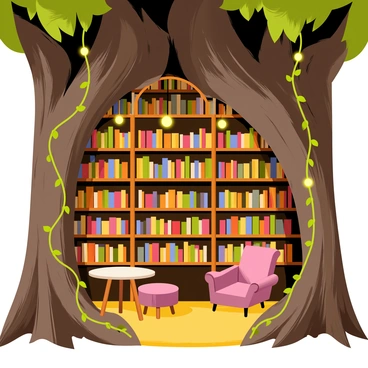 A secret library nestled within the gnarled roots of a massive tree. The tree's bark is rough and textured, with shades of deep brown and green. Illuminated by soft, warm light, wooden shelves filled with colorful books line the interior of the root structure. A cozy reading nook features a small round table and a plush armchair, both placed in the center of the library. Tiny glowing orbs float through the air, casting gentle light on the books and creating a whimsical atmosphere. Vines and leaves weave around the shelves, integrating nature with the literary world.
