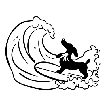 A dachshund standing firmly on a small surfboard riding a wave. The wave is tall and curling, with frothy white water at the crest. The dachshund is in a playful posture, with its body slightly bent forward to maintain balance. The surfboard is brightly patterned, contrasting with the texture of the water. Bubbles and splashes surround the surfboard, emphasizing the motion of the wave and the excitement of the ride. In the background, additional waves can be seen rolling in, contributing to the dynamic ocean scene.