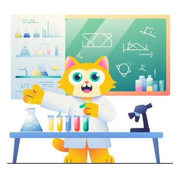 A cartoon cat with bright yellow fur and oversized green eyes is wearing a white lab coat. The cat is standing at a laboratory table, enthusiastically explaining a science experiment. In front of the cat, there are several colorful test tubes filled with vibrant liquids of blue, red, and yellow. The cat is using one paw to gesture towards a bubbling flask, while the other paw is holding a dropper. Various scientific apparatus, such as beakers and a microscope, are scattered around the table, adding to the laboratory setting. A chalkboard in the background features diagrams and equations related to the experiment.