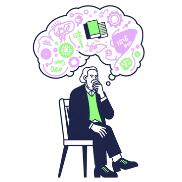 Karl Marx is depicted sitting on a wooden chair, wearing a dark suit and a white shirt. He has a thoughtful expression, with his beard and hair styled classically. Above his head, there are swirling clouds representing thoughts and ideas. The clouds contain symbols and phrases, like gears, books, and representations of social structures, floating amidst the intricate formations. The scene captures the essence of intellectual contemplation, with a light source illuminating Marx's figure and the clouds around him.