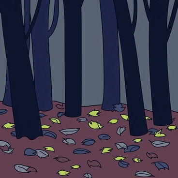 A dark forest with tall, slender trees casting long shadows. The ground is covered with a thick layer of fallen leaves in shades of brown and green. Leaves are rustling in the wind, with some leaves fluttering away from the branches. The overall atmosphere is dense and slightly ominous, with muted light filtering through the tree canopy.