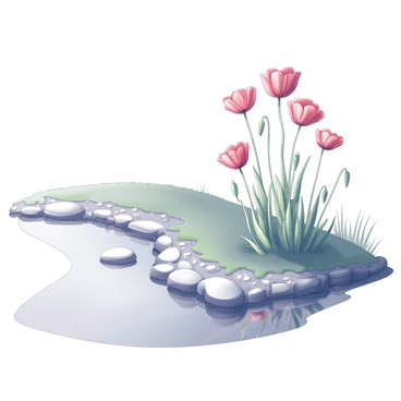 A group of poppies growing along the bank of a gently flowing stream. The flowers have delicate petals and slender green stems, arranged in clusters. The water reflects the vibrant flowers, creating a mirrored image on the surface. The stream is bordered by small smooth stones and patches of grass, enhancing the natural setting. The scene conveys a sense of tranquility and connection to nature.