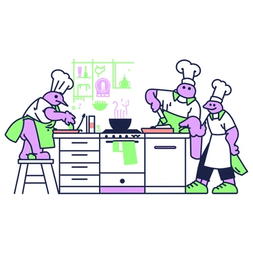 A tiny kitchen is bustling with activity as several crawfish dressed in chef uniforms are preparing a seafood dish. Each crawfish is wearing a white chef hat and a matching apron. One crawfish is standing on a stool, chopping vegetables on a small cutting board with a tiny knife. Another crawfish is stirring a pot on the stove, steam billowing from it. Nearby, a third crawfish is arranging plates with garnishes, ensuring each dish looks presentable. The kitchen is filled with various utensils and ingredients like herbs and spices on the counter. The overall scene captures the charm of the miniature kitchen environment.