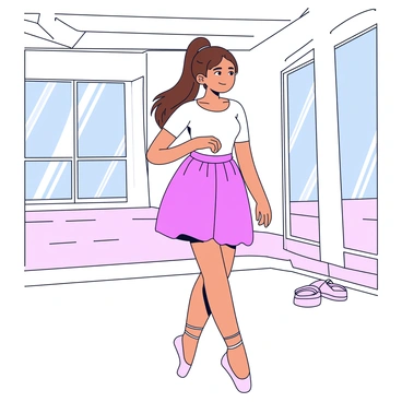 A ballet dancer in a pink tutu and fitted white top is standing in a well-lit dance studio. The dancer has long, flowing brown hair tied back in a neat bun. They are gracefully rubbing their wrist with their other hand, showing a look of concentration. The studio has large mirrors on the walls, and wooden floors reflecting the natural light coming through the windows. There are a few ballet slippers resting on the floor nearby.