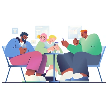 A group of four people is sitting around a small table in a cozy café, each absorbed in their smartphones. The first person, a woman with curly black hair and glasses, is laughing at something on her screen, her phone held up slightly higher. Next to her, a man with a short beard and wearing a blue hoodie is typing intently, his brow furrowed as he scrolls. A young woman with blonde hair in a ponytail is taking a selfie with a big smile, her phone angled towards her. Finally, a man in a green shirt is watching a video, leaning forward with a look of amusement. The café has soft lighting, and there are coffee cups and a small plate of pastries on the table.