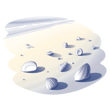 A beach setting with smooth, golden sand extending across the scene. Scattered on the sand are various seashells of different sizes and shapes, including conch shells, starfish, and small, delicate shells. The shoreline is visible in the background, with gentle waves lapping at the edge of the sand. The sun casts soft shadows of the shells onto the sand, creating a sense of serene tranquility. There are footprints leading towards the water, suggesting recent human activity.