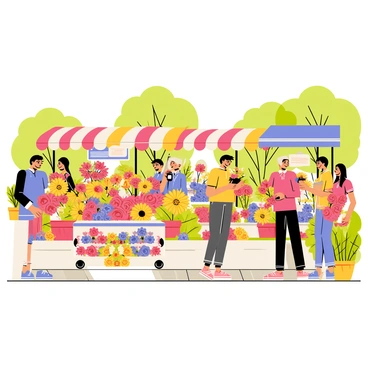A bustling flower market filled with a variety of stalls displaying vibrant blooms in an array of colors. Each stall is adorned with an abundance of flowers, including red roses, yellow sunflowers, and purple lilacs. Shoppers are engaged in conversation, examining the fresh flowers, and some are carrying bouquets. The scene is lively, with greenery surrounding the market and bright sunlight illuminating the colorful petals.