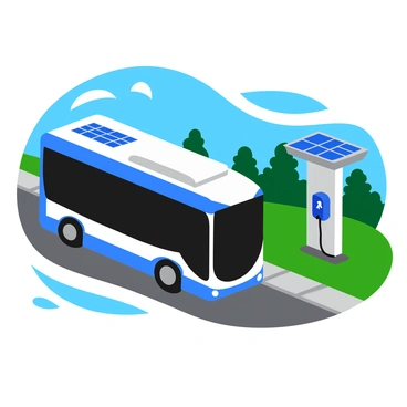 An electric bus with a vibrant blue and white design is parked next to a sleek, modern charging station. The charging station features shiny metallic surfaces and multiple solar panels mounted on its roof, glistening under the sunlight. Surrounding the bus, there are green trees and a well-maintained pathway. In the background, a clear blue sky enhances the vibrant colors of the scene, while the bright sunlight casts soft shadows on the ground.