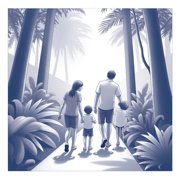 A family of four walking along a narrow path in a dense rainforest. The path is surrounded by tall trees with thick trunks and broad canopies, casting dappled shadows on the ground. Various exotic plants, featuring large leaves and intricate textures, frame the sides of the path. The family members, consisting of two adults and two children, are dressed in casual outdoor clothing and appear engaged in lively conversation. Sunlight filters through the foliage above, creating a dynamic interplay of light and shadow around them.