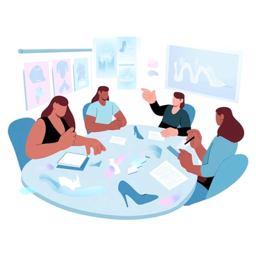 A group of four fashion designers is gathered around a large table covered with sketches of high-heeled shoes and various shoe prototypes. The designers are engaged in discussion, with one designer pointing at a sketch while another takes notes on a notepad. Color palettes and swatches of fabric are scattered across the table. On the walls behind them, there are mood boards showcasing different fashion inspirations. The environment is filled with a creative and busy atmosphere, with tools and materials arranged thoughtfully throughout the workspace.