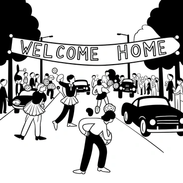 A vintage 1950s homecoming parade scene unfolds down a bustling street. Cheerleaders in classic, tailored uniforms adorned with pleated skirts and pom-poms lead the procession with enthusiasm. Behind them, a collection of beautifully restored vintage cars showcases their glossy hoods and chrome details. Colorful banners stretch across the street, displaying the words "Welcome Home" in bold lettering. On the sidelines, groups of spectators wave small flags and hold up signs in support of the parade participants. Tall trees line the street, their branches offering shade to the lively scene below.