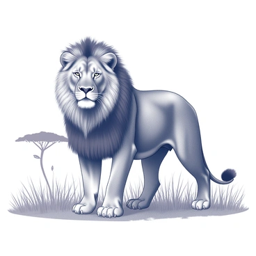 A lion is depicted in a natural pose, standing proudly in the savannah. Its body is muscular and well-defined, showcasing the strength of this majestic creature. The lion's fur is detailed with texture, displaying the individual strands that create a realistic appearance. Its mane is full and flowing, framing the face with an impressive display of thick, wavy fur. The background features tall grasses that sway gently in the breeze, adding to the sense of the savannah environment. A distant acacia tree can be seen, completing the scene of the lion in its natural habitat.