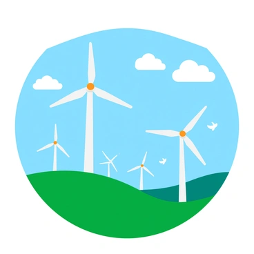 Several white wind turbines with large, spinning blades are positioned on a green hilltop. The turbines are angled toward the horizon, showcasing their sleek designs. Below them, the vibrant green grass of the hill contrasts with the bright blue sky above. Fluffy white clouds dot the sky, adding depth to the scene. A few birds can be seen flying nearby, creating a sense of life around the turbines as they generate electricity.