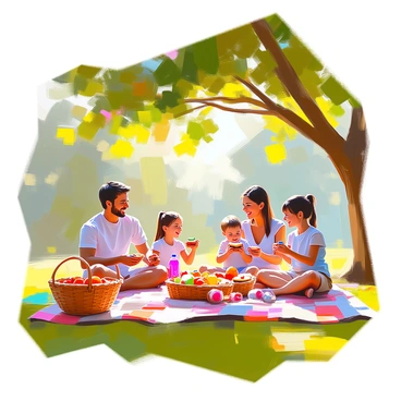 A family sitting on a checkered picnic blanket spread out on the grass beneath a large, leafy tree in a vibrant green forest. The parents, with light skin and dark hair, are laughing as they share sandwiches with their two children, a boy and a girl, both smiling. The boy is playing with a colorful toy while the girl is holding a bright red juice box. A wicker basket lies nearby, filled with fruits and snacks, and a gentle sunlight filters through the leaves above, casting playful shadows on the ground.