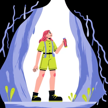 A woman with long, flowing hair wearing a green hiking outfit is exploring a hidden cave. She is holding a flashlight in one hand and looking up at a shaft of sunlight filtering in from above, casting a warm glow on the rocky walls. Stalactites hang from the ceiling, and small plants are growing in the crevices of the stones. The ground is uneven, covered with pebbles and patches of moss. A sense of adventure is evident in her expression as she gazes into the depths of the cave.
