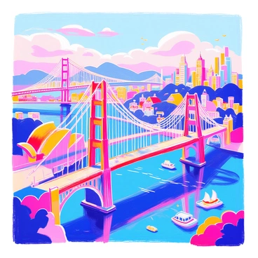 A collection of famous bridges from around the world is arranged in a captivating scene. Each bridge is depicted in a low-poly style, showcasing distinctive geometric shapes and bright colors. Prominent structures include the "Golden Gate Bridge" with its iconic red towers and suspension cables, the elegant "Tower Bridge" featuring its twin towers and blue accents, and the impressive "Sydney Harbour Bridge" with its curved steel arch. In the background, additional famous bridges like the "Brooklyn Bridge" and "Charles Bridge" can be seen, each represented with distinct, simplified forms. The scene captures the essence of these architectural marvels through their unique structures and silhouettes.