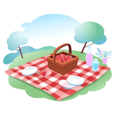 A red-checkered blanket is spread out on a grassy area under a clear blue sky. In the center of the blanket, there is a woven picnic basket filled with fresh strawberries, some spilling over the edge. Nearby, there are a few plates and glasses, arranged neatly on the blanket. A couple of colorful picnic items, like a bottle of lemonade and a small vase with wildflowers, add a cheerful touch to the scene. In the background, a few trees provide shade, completing the picnic atmosphere.