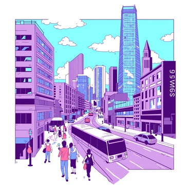A vibrant cityscape filled with a variety of buildings, some depicted with photographs and others illustrated with drawn elements. Tall skyscrapers with glass windows reflect sunlight, while smaller buildings display unique architectural styles. People are seen walking along busy sidewalks, some engaged in activities like chatting or looking at their phones. Vehicles such as cars and buses move along the streets, adding to the hustle and bustle of the scene. The sky above is filled with fluffy clouds, creating a lively atmosphere in this energetic urban environment.