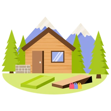 A cornhole game set up in a cozy mountain cabin. The cabin features wooden walls and a stone fireplace, adding to the rustic charm. Two cornhole boards, one green and one brown, are placed on a grassy area outside. Surrounding the cabin are tall pine trees with green needles. In the background, snow-capped mountains rise against a clear blue sky. A few colorful bean bags are neatly stacked next to the boards, ready for play.