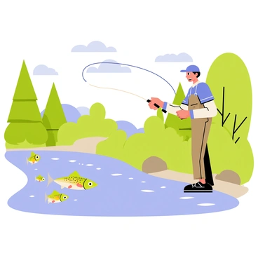 A fisherman wearing a blue cap and brown waders is standing on the riverbank, casting a fishing line into the clear water. The river flows gently, with small ripples reflecting the sunlight. Several brook trout, with vibrant spotted patterns in shades of green and orange, are leaping joyfully from the water. In the background, tall green trees and lush bushes frame the scene, creating a peaceful natural setting. The sky above is a bright blue, dotted with fluffy white clouds.