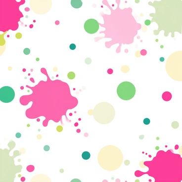 A vibrant paint splatter pattern features shades of bright pink, green, and white, reflecting the colors of a dragon fruit. The splatters are randomly distributed across the canvas, with some larger droplets of pink creating focal points. Small flecks of green and white are interspersed throughout the pattern, mimicking the appearance of the fruit's skin and seeds. The overall composition is lively, with dynamic movement created by the varying sizes and placements of the splatters. The background remains a soft, neutral color to allow the vivid colors to stand out.