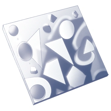 A canvas filled with a variety of geometric shapes, including triangles, circles, squares, and hexagons. The shapes are arranged in a complex pattern, overlapping and interlocking in a visually engaging way. Each shape has distinct outlines and varying sizes, creating a sense of movement across the composition. The overall arrangement draws the eye toward the center of the canvas, forming a dynamic focal point.
