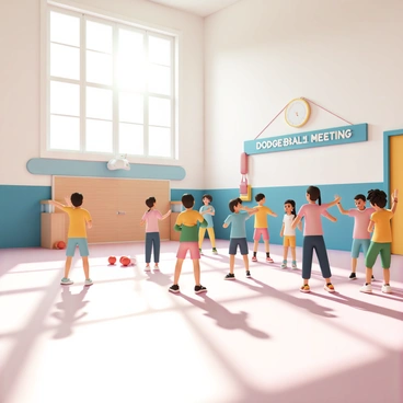 A spacious community center room filled with vibrant energy. In the center, a group of children is gathered, wearing colorful athletic outfits, ready for a game of dodgeball. Some children are stretching their arms, while others are chatting and laughing. On one side of the room, a wooden dodgeball court is marked on the floor, with bright red dodgeballs scattered around. A banner on the wall reads "Dodgeball Club Meeting" in bold letters. Sunlight streams in through large windows, illuminating the scene and creating a lively atmosphere.