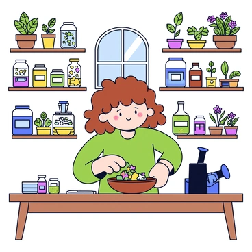 A hobbit carefully mixing herbs in a small apothecary, surrounded by jars and plants
