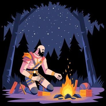 Kratos is kneeling next to a small fire, the flames flickering warmly as the embers glow against the dark night. He is surrounded by a lush forest, with tall trees silhouetted against the "starlit sky" filled with numerous twinkling stars. A few logs and rocks are arranged around the campfire, and his sturdy armor catches the light of the fire. In the background, shadows of the trees hint at the wilderness surrounding him, adding depth to the scene. Kratos appears focused, perhaps preparing a meal or sharpening his weapon, embodying a moment of solitude in the wilds.
