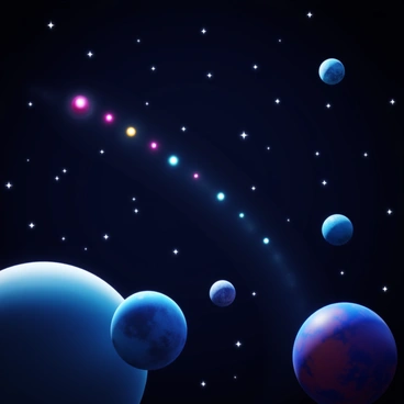 A collection of neutrons depicted as small, glowing particles traveling through the vastness of space. The scene includes numerous stars shining brightly in various colors scattered across a dark background. Several planets of differing sizes and textures, some with rings and others with visible surface features, are positioned in the foreground. The neutrons are moving smoothly, creating a subtle trail of light as they journey past these celestial bodies.