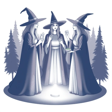 A group of three witches stands together in a circle. They are dressed in long flowing robes, with intricate patterns adorning the fabric. Each witch holds an object, such as a wand or a small bowl of herbs, while their hands are raised in unison. Their faces display focused expressions as they chant a spell. An ethereal glow emanates from the center of the circle, illuminating their faces and casting shadows on the ground. Surrounding them is a dark forest, with the silhouettes of trees visible in the background. The atmosphere is charged with energy, accentuated by the glow that signifies the power of their incantation.