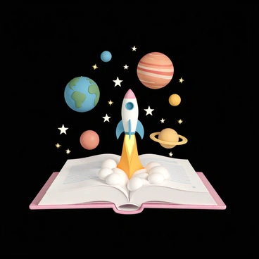 A collection of colorful planets and bright stars floating above an open page. The page features a detailed illustration of a space journey, including a rocket blasting off with flames trailing behind it. Various celestial bodies like a blue and green Earth, a red Mars, and a yellow Saturn with rings are scattered around the page. The stars twinkle with white and yellow glows, adding a sense of wonder to the scene. The background is dark, representing the vastness of space.