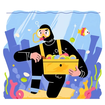 A scuba-diving thief wearing a black wetsuit and an oxygen tank is underwater near a sunken shipwreck. The shipwreck has broken wooden planks and rusted metal scattered around. The thief is holding a golden treasure chest filled with sparkling jewels and coins. Colorful fish swim around the scene, and shafts of light filter down from the surface, illuminating the underwater environment. Bubbles escape from the thief's regulator, adding movement to the composition.