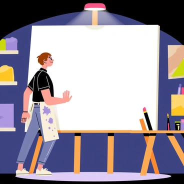 An artist standing in a dimly lit room, gazing intently at a large, intimidating blank canvas. The artist has short brown hair and is wearing a paint-splattered apron. The walls of the room are adorned with various colorful paintings and sketches. A wooden easel holds the blank canvas upright in front of the artist. Paintbrushes and tubes of paint are scattered on a nearby table. Soft shadows cast by a single overhead light create a dramatic atmosphere around the artist and canvas.