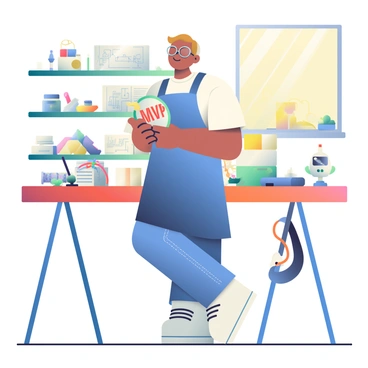 An inventor with light brown hair and glasses is standing in a workshop while holding a shiny MVP award in one hand. The inventor is wearing a blue apron over a white shirt and jeans. Various tools and gadgets are scattered around the workbench, including a small robot and a set of colorful wires. In the background, shelves filled with blueprints and mechanical parts are visible. There is a large window letting in warm sunlight, illuminating the workspace and casting soft shadows. The inventor is smiling proudly, surrounded by a sense of accomplishment.